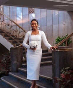 Elegant long sleeve white court wedding dress for women by Bojamiley featuring a modern minimalist civil bridal design perfect for registry and intimate weddings.
