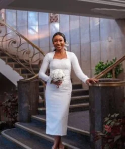 Elegant long sleeve white court wedding dress for women by Bojamiley featuring a modern minimalist civil bridal design perfect for registry and intimate weddings.