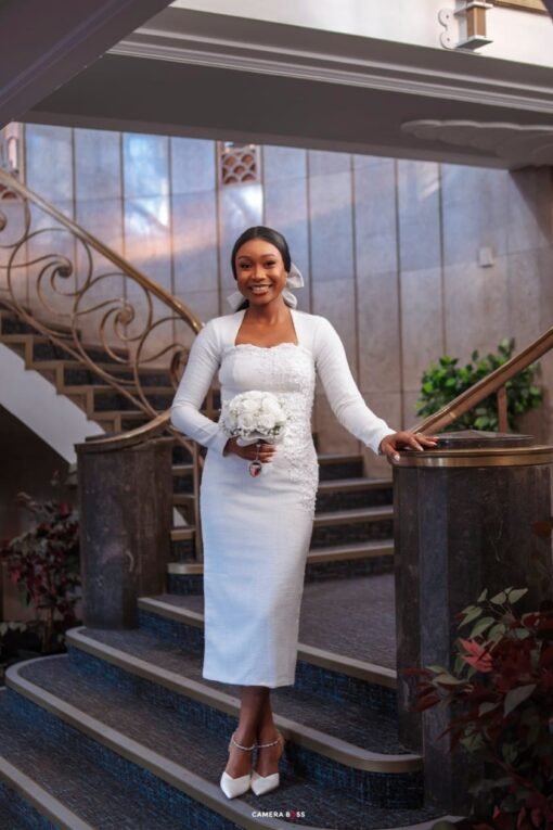 Elegant long sleeve white court wedding dress for women by Bojamiley featuring a modern minimalist civil bridal design perfect for registry and intimate weddings.