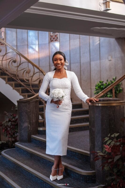 Elegant long sleeve white court wedding dress for women by Bojamiley featuring a modern minimalist civil bridal design perfect for registry and intimate weddings.