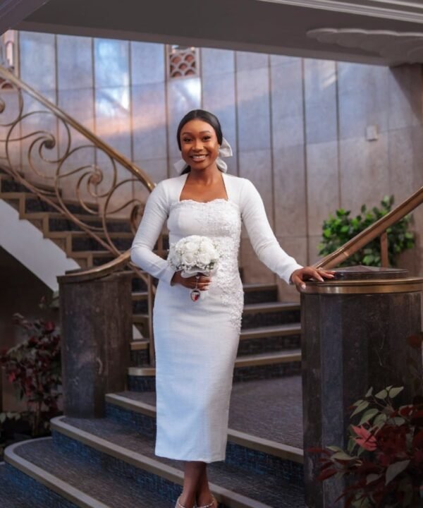 Elegant long sleeve white court wedding dress for women by Bojamiley featuring a modern minimalist civil bridal design perfect for registry and intimate weddings.