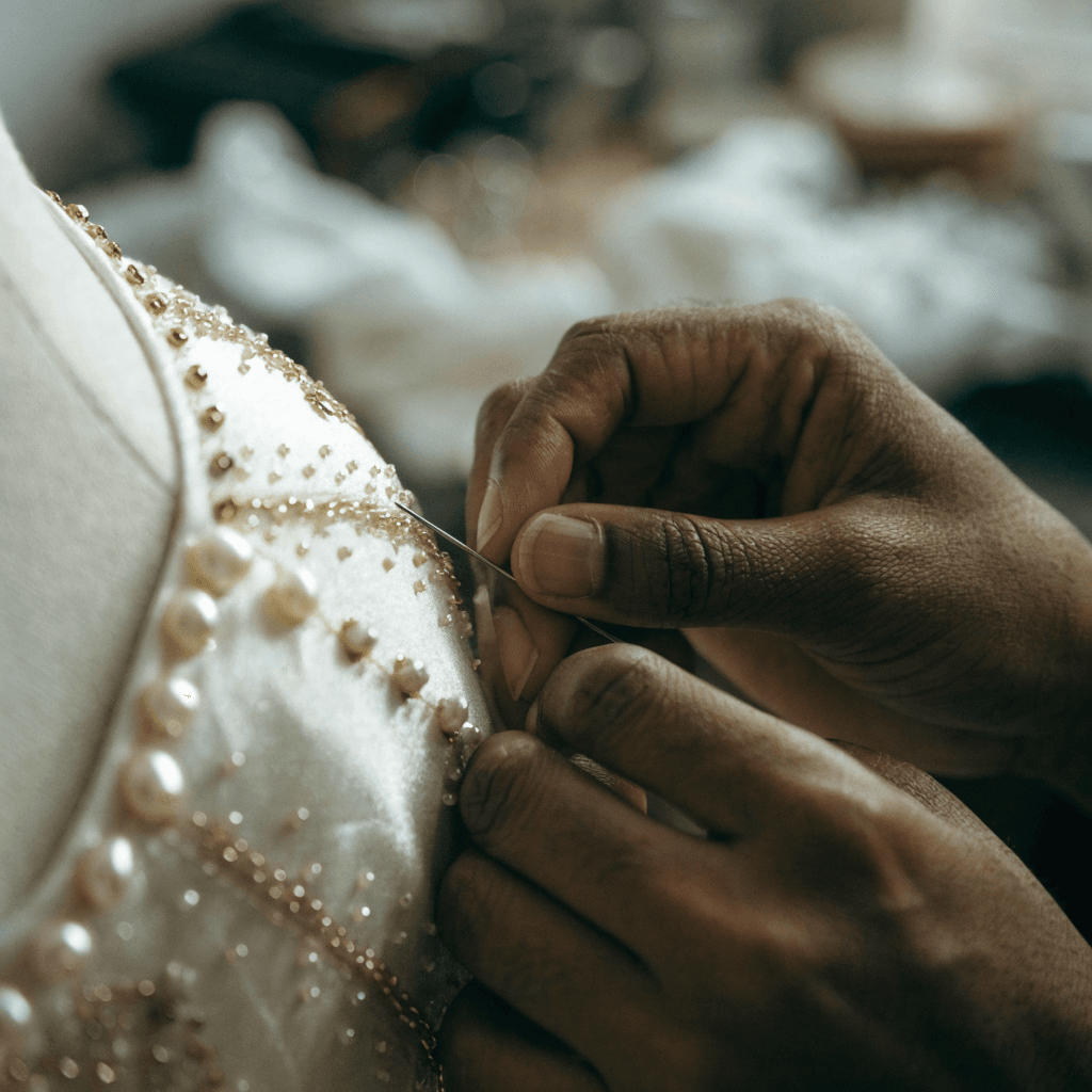 Close detail of hand-beading being applied to a bridal bodice in a Lagos atelier