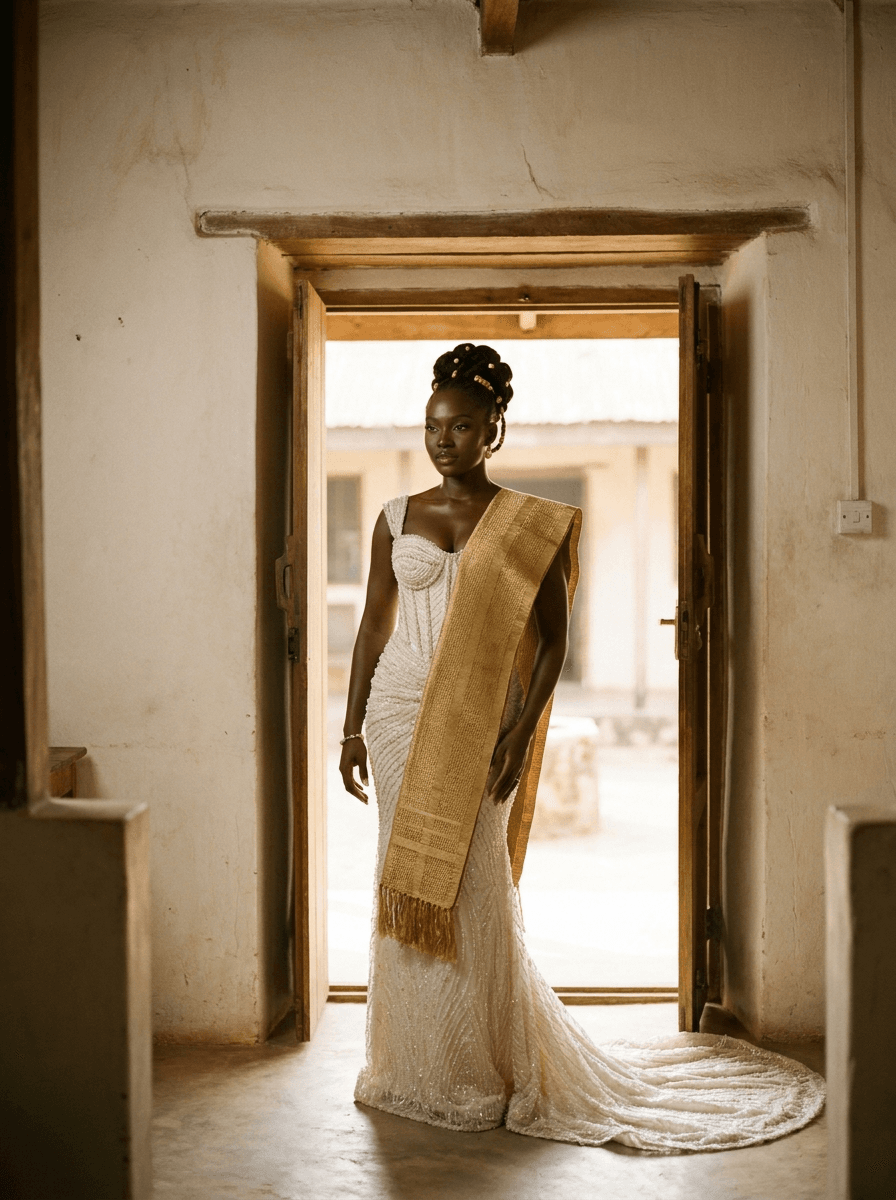 Nigerian bride in a beaded white wedding gown with an aso oke sash, photographed in warm natural light