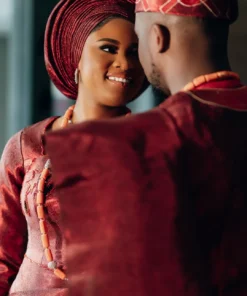 Wine Aso Oke Traditional Wedding Dress with Gele | Long Sleeve Yoruba Bridal Outfit - Image 4