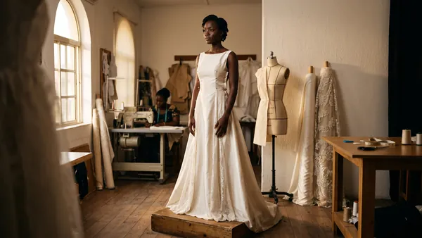 Bride in a bespoke Bojamiley wedding dress standing in a Lagos atelier during a fitting, illustrating how to design your dream wedding dress