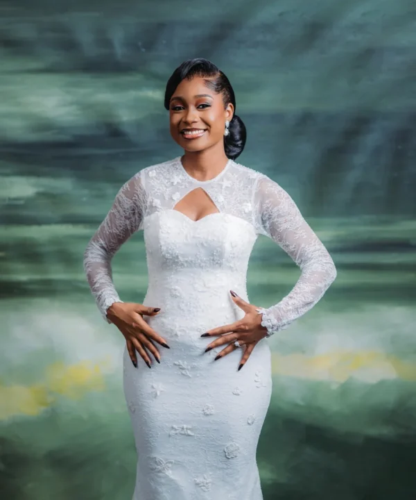 A portrait of a luxury white wedding dress made by Bojamiley