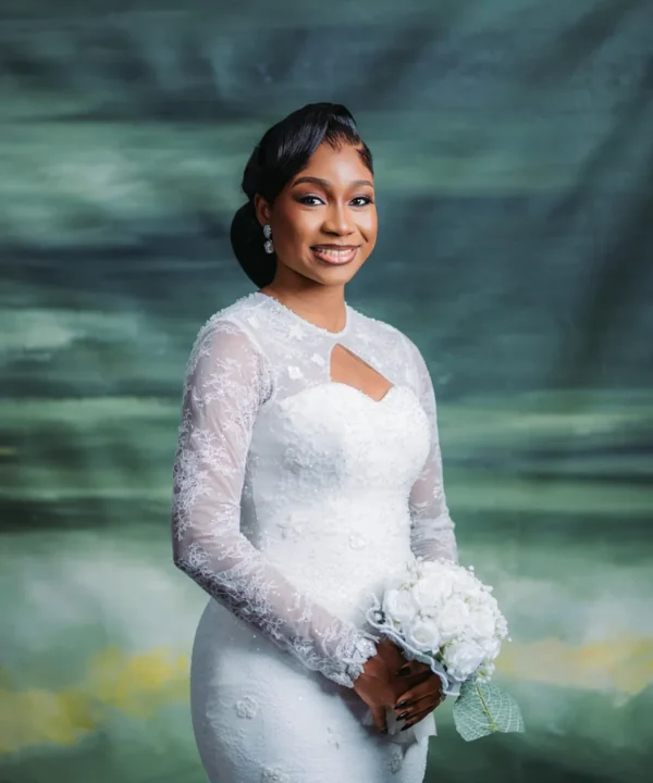 A portrait of a luxury white wedding dress made by Bojamiley
