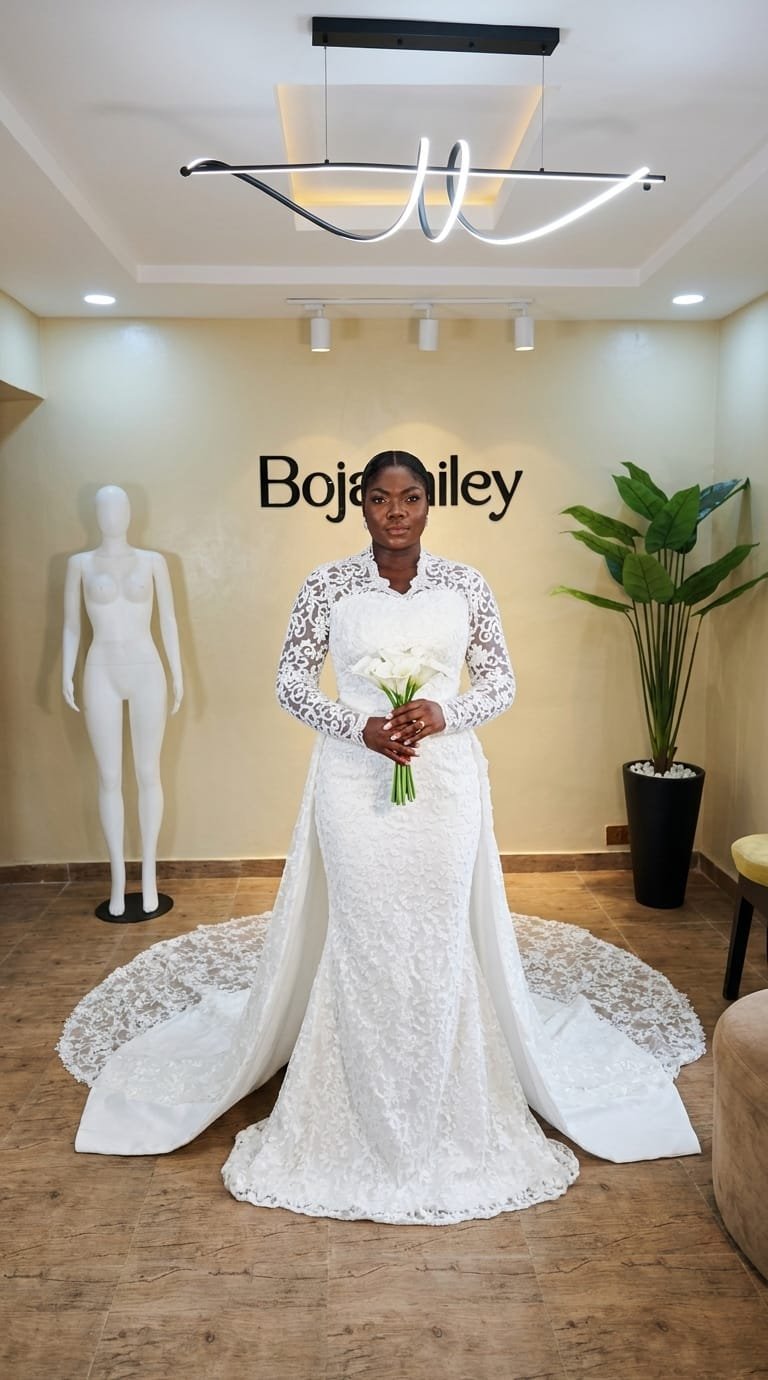 Bojamiley atelier fitting in Lagos showing a bespoke bridal bodice being pinned and adjusted on the bride