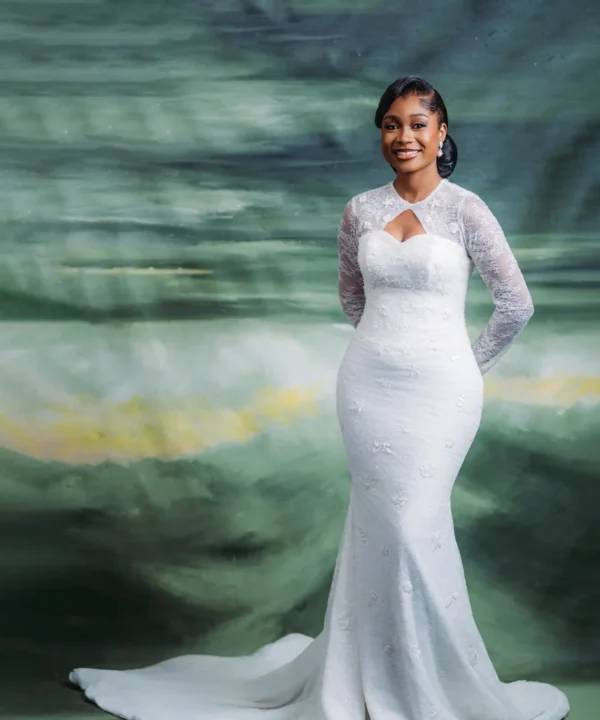 Front view of a luxury white wedding dress made by bojamiley