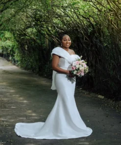 simple white wedding dress off shoulder wedding dress