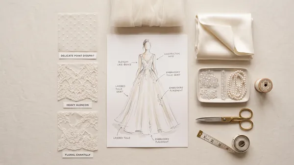 Bridal design sketch with lace swatches, silk samples and beading trims laid out for a custom wedding dress consultation