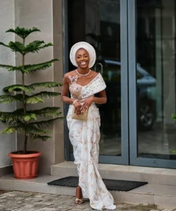 ESTHER Nigerian Traditional Wedding Dress | Ivory and Gold Lace with Gele - Image 5