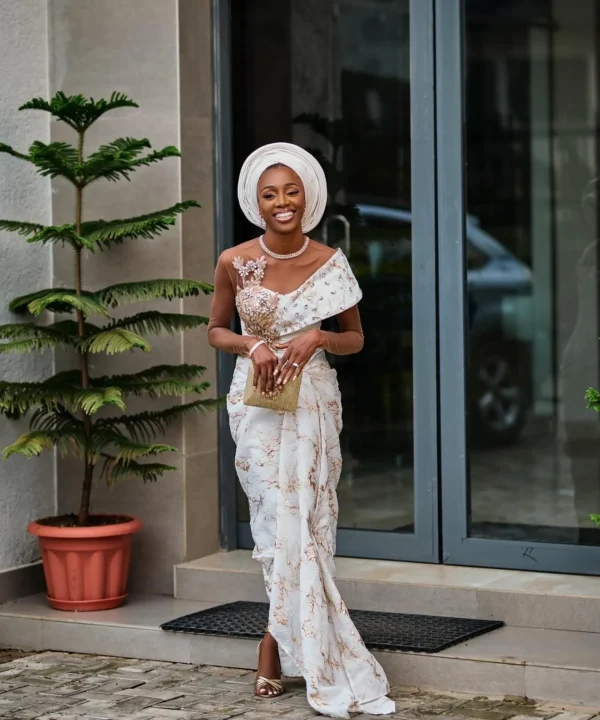 ESTHER Nigerian Traditional Wedding Dress | Ivory and Gold Lace with Gele - Image 5