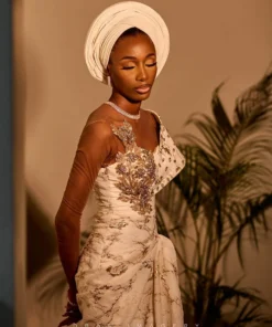 ESTHER Nigerian Traditional Wedding Dress | Ivory and Gold Lace with Gele