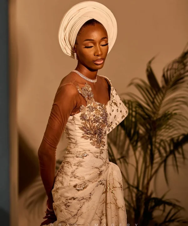 ESTHER Nigerian Traditional Wedding Dress | Ivory and Gold Lace with Gele