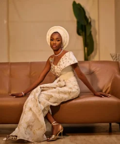 ESTHER Nigerian Traditional Wedding Dress | Ivory and Gold Lace with Gele - Image 4