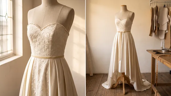 Close detail of lace and satin construction on a bespoke Bojamiley wedding dress bodice