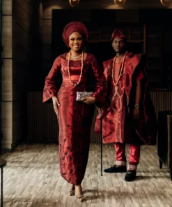 Wine Aso Oke Traditional Wedding Dress with Gele | Long Sleeve Yoruba Bridal Outfit - Image 2