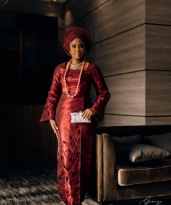 Wine Aso Oke Traditional Wedding Dress with Gele | Long Sleeve Yoruba Bridal Outfit