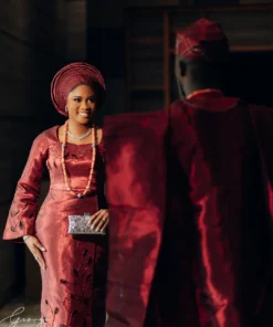 Wine Aso Oke Traditional Wedding Dress with Gele | Long Sleeve Yoruba Bridal Outfit - Image 3