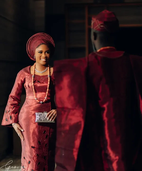 Wine Aso Oke Traditional Wedding Dress with Gele | Long Sleeve Yoruba Bridal Outfit - Image 3