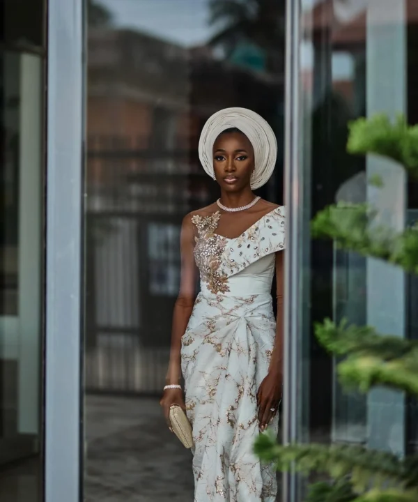 Alternative view of ESTHER Nigerian Traditional Wedding Dress | Ivory and Gold Lace with Gele