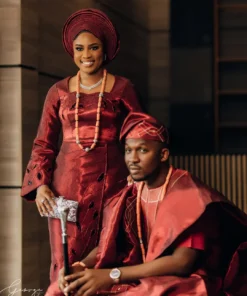 Wine Aso Oke Traditional Wedding Dress with Gele | Long Sleeve Yoruba Bridal Outfit - Image 6