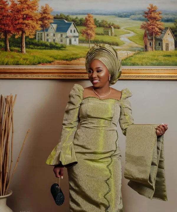 OLUFUNMILADE Sage Green Aso Oke Bridal Outfit | Custom Made African Traditional Wedding Dress - Image 7