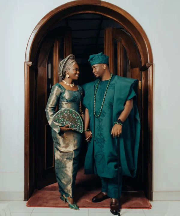MAYOKUN Emerald and Gold Aso Oke Bridal Outfit | Yoruba Traditional Wedding Attire with Gele - Image 8