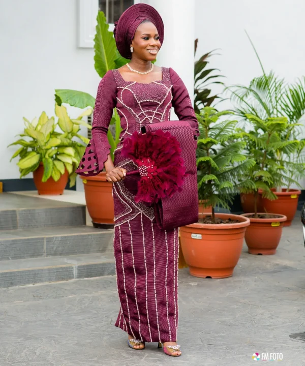 OMOTOLA Pearl Beaded Aso Oke Engagement Dress with Gele