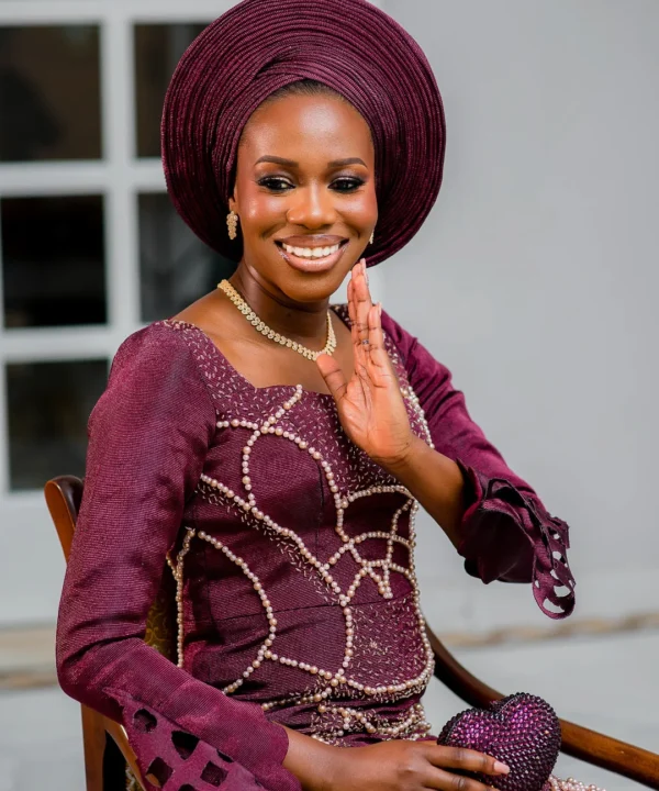 Alternative view of OMOTOLA Pearl Beaded Aso Oke Engagement Dress with Gele