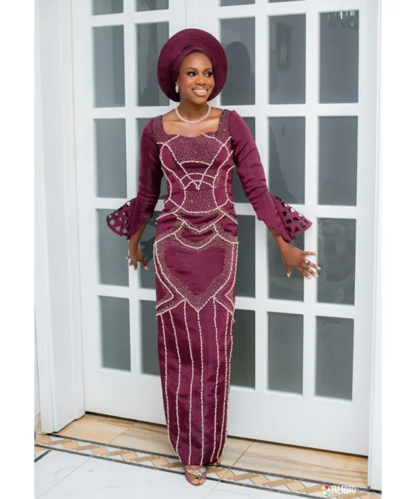 OMOTOLA Pearl Beaded Aso Oke Engagement Dress with Gele - Image 5