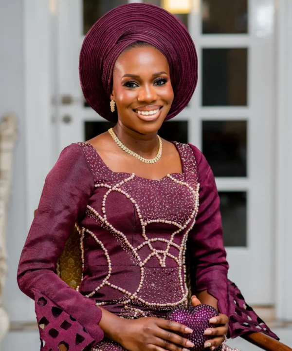 OMOTOLA Pearl Beaded Aso Oke Engagement Dress with Gele - Image 4