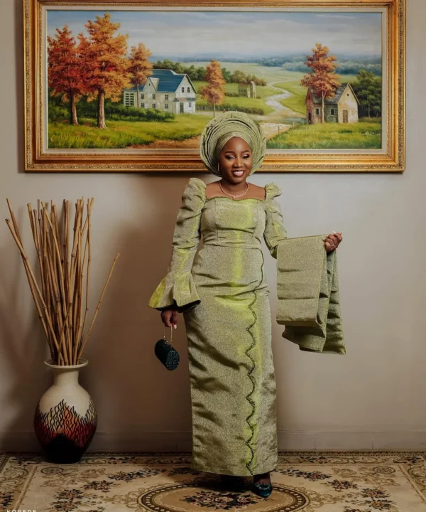 OLUFUNMILADE Sage Green Aso Oke Bridal Outfit | Custom Made African Traditional Wedding Dress - Image 8