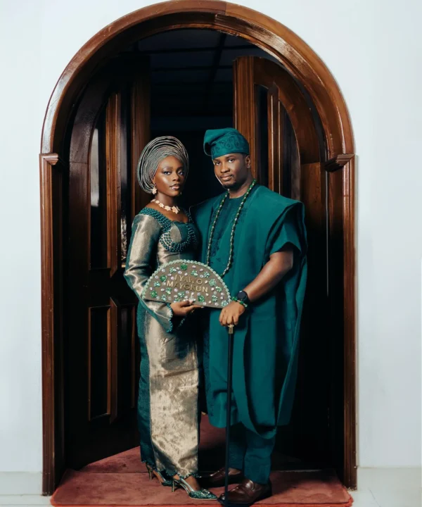 MAYOKUN Emerald and Gold Aso Oke Bridal Outfit | Yoruba Traditional Wedding Attire with Gele - Image 6