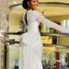 SERAPHINE White Lace Sleeve Satin Wedding Dress | Keyhole Back with Bow Train