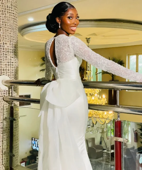 SERAPHINE White Lace Sleeve Satin Wedding Dress | Keyhole Back with Bow Train