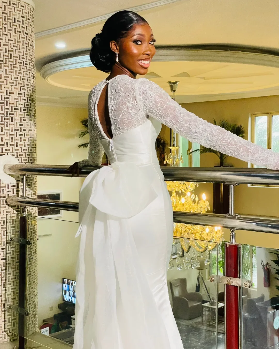 SERAPHINE White Lace Sleeve Satin Wedding Dress | Keyhole Back with Bow Train