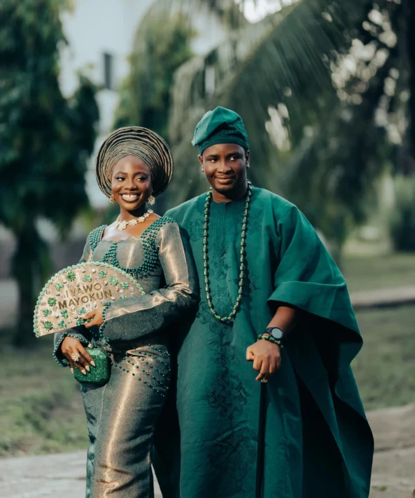 MAYOKUN Emerald and Gold Aso Oke Bridal Outfit | Yoruba Traditional Wedding Attire with Gele - Image 5