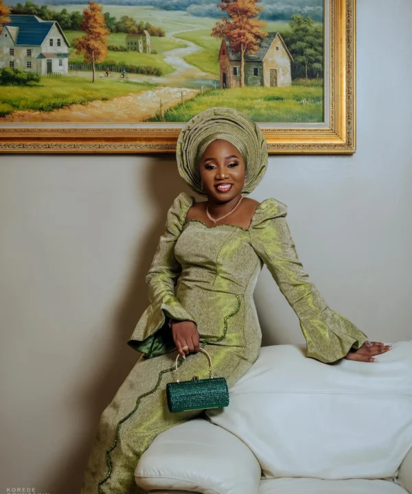 OLUFUNMILADE Sage Green Aso Oke Bridal Outfit | Custom Made African Traditional Wedding Dress - Image 6