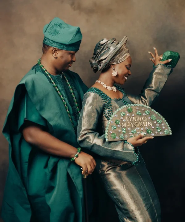 MAYOKUN Emerald and Gold Aso Oke Bridal Outfit | Yoruba Traditional Wedding Attire with Gele - Image 2