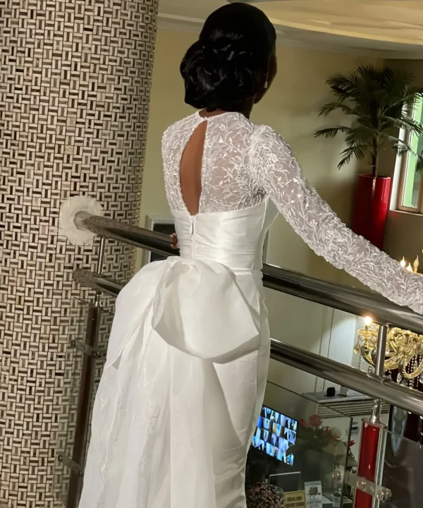 SERAPHINE White Lace Sleeve Satin Wedding Dress | Keyhole Back with Bow Train - Image 4