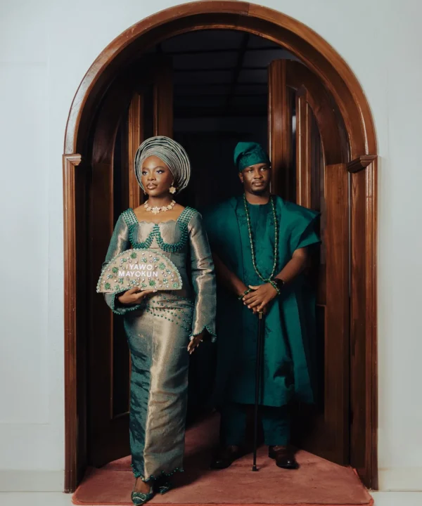 MAYOKUN Emerald and Gold Aso Oke Bridal Outfit | Yoruba Traditional Wedding Attire with Gele - Image 3