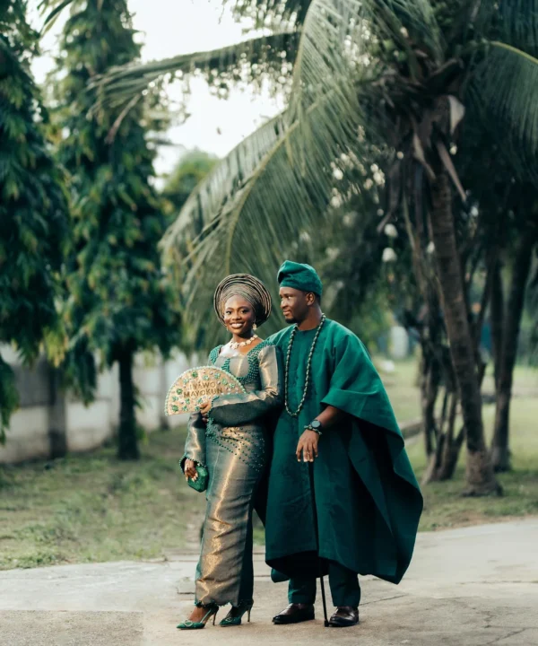 MAYOKUN Emerald and Gold Aso Oke Bridal Outfit | Yoruba Traditional Wedding Attire with Gele - Image 7