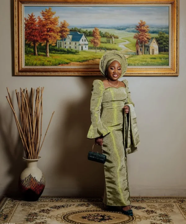 OLUFUNMILADE Sage Green Aso Oke Bridal Outfit | Custom Made African Traditional Wedding Dress - Image 4