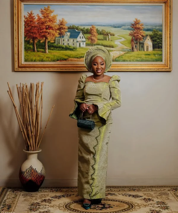 OLUFUNMILADE Sage Green Aso Oke Bridal Outfit | Custom Made African Traditional Wedding Dress - Image 9