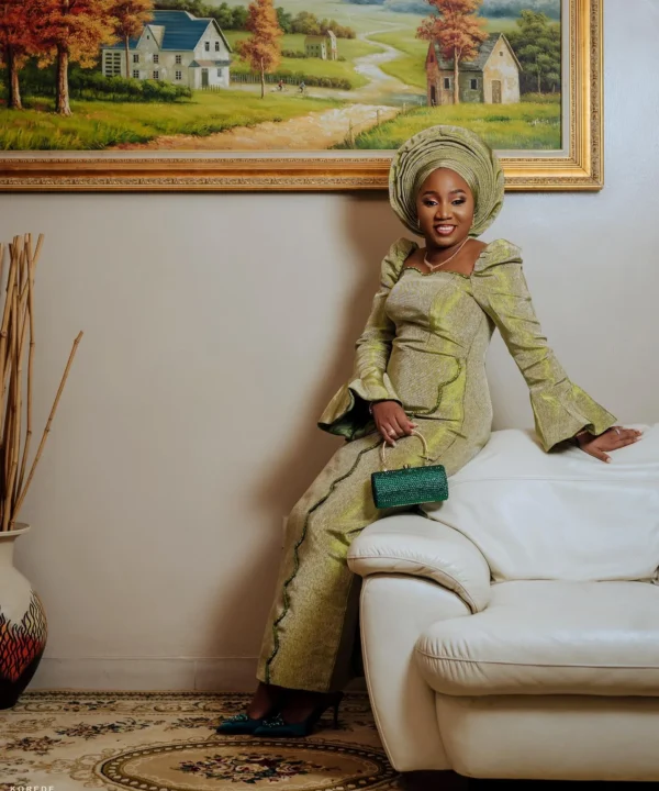 OLUFUNMILADE Sage Green Aso Oke Bridal Outfit | Custom Made African Traditional Wedding Dress - Image 5