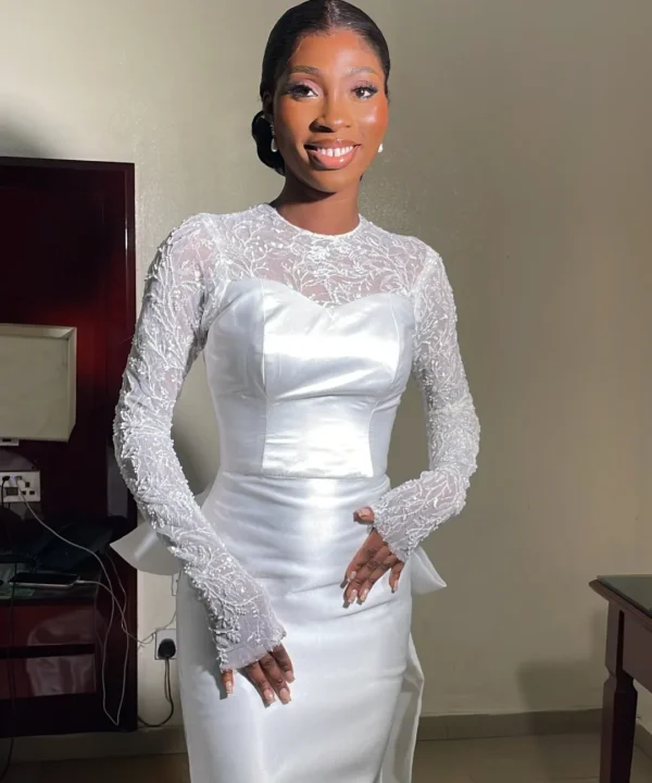 SERAPHINE White Lace Sleeve Satin Wedding Dress | Keyhole Back with Bow Train - Image 6