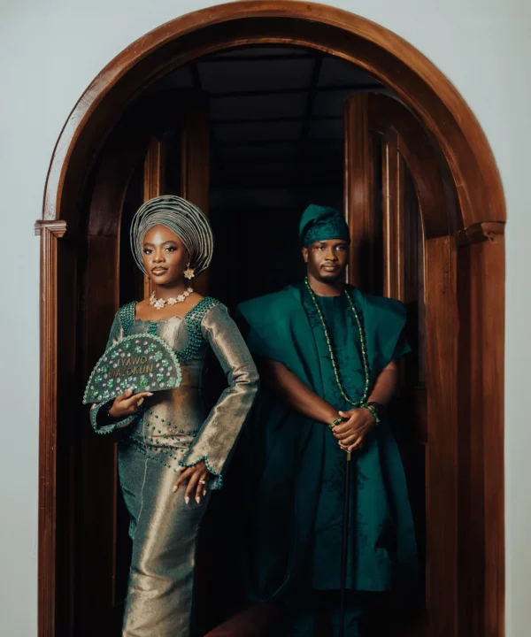 MAYOKUN Emerald and Gold Aso Oke Bridal Outfit | Yoruba Traditional Wedding Attire with Gele