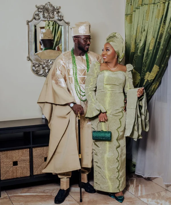 OLUFUNMILADE Sage Green Aso Oke Bridal Outfit | Custom Made African Traditional Wedding Dress